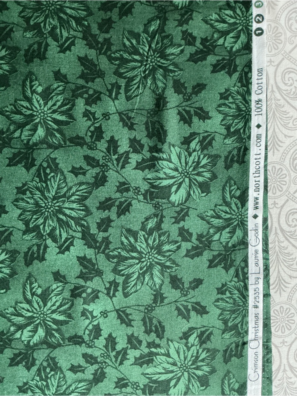 Northcott Crimson Christmas Fabric Green Tonal Poinsettia 2.2 Yards